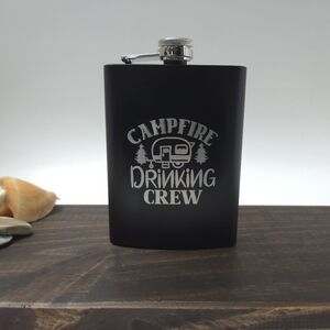 NWOT Flask, stainless steel, black, 8 oz., laser engraved with Camping saying